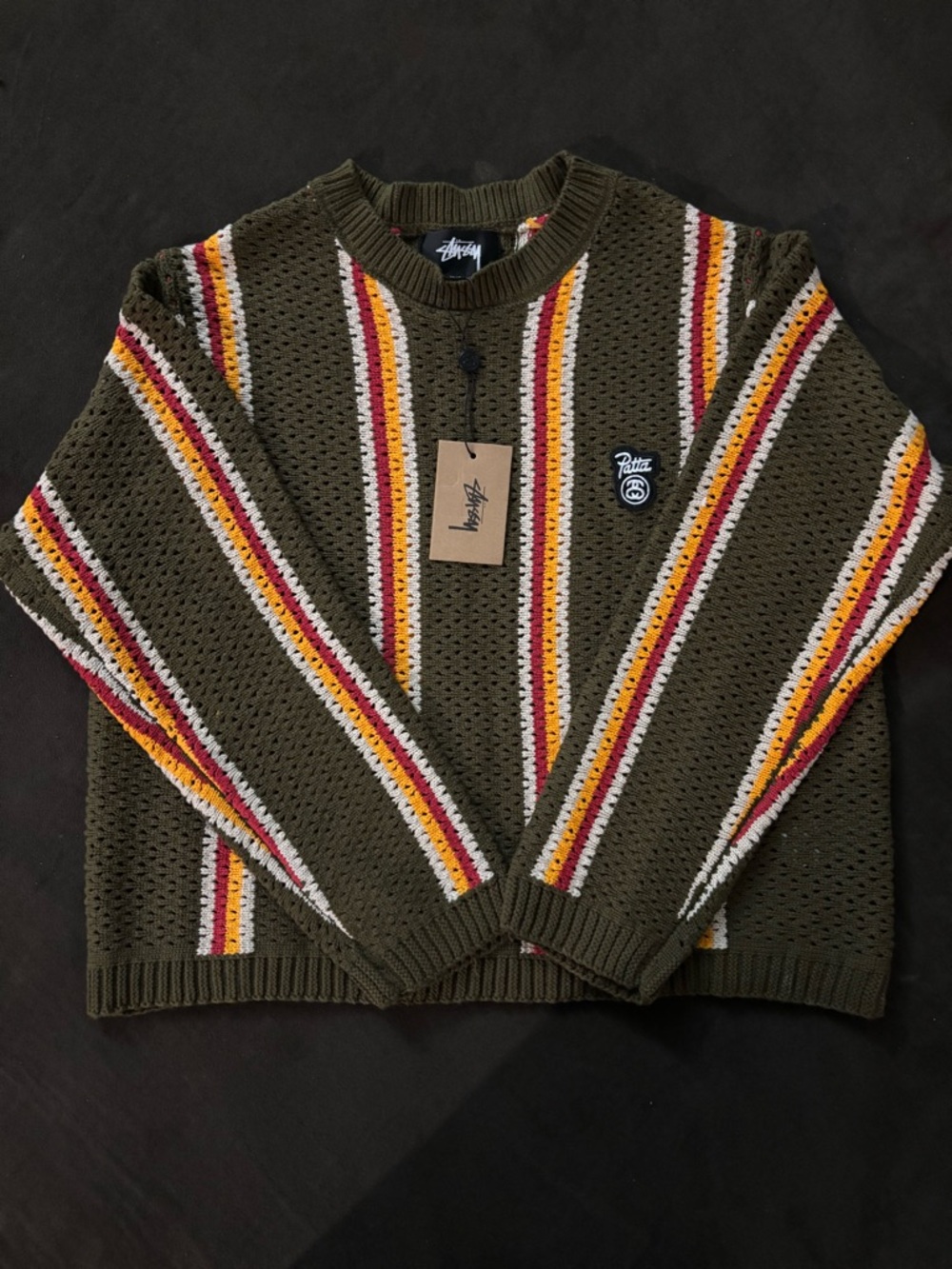 Stussy Olive Green Crewneck Sweater with Yellow, Red & Cream Stripes
